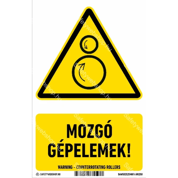 Mozgó gépelemek! matrica / tábla (ISO 7010-W025 piktogram + felirat)
