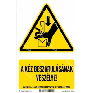 A kéz beszorulásának veszélye! matrica / tábla (ISO 7010-W030 piktogram + felirat)