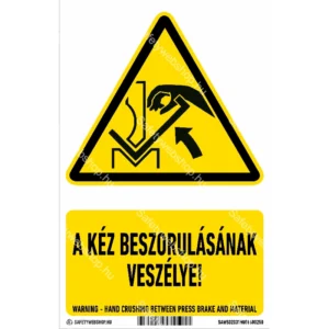 A kéz beszorulásának veszélye! matrica / tábla (ISO 7010-W031 piktogram + felirat)