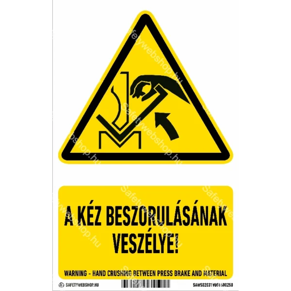 A kéz beszorulásának veszélye! matrica / tábla (ISO 7010-W031 piktogram + felirat)