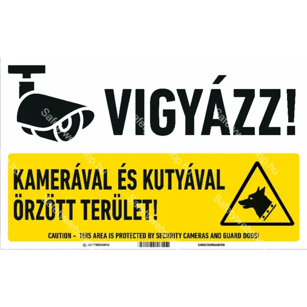 Vigyázz! Kamerával és kutyával őrzött terület! matrica / tábla (piktogram + felirat)