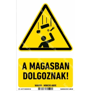 A magasban dolgoznak! matrica / tábla (ISO 7010-W035 piktogram + felirat)