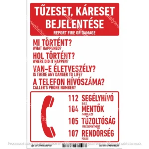 Tűzeset, káreset bejelentése matrica / tábla (piktogram + felirat)