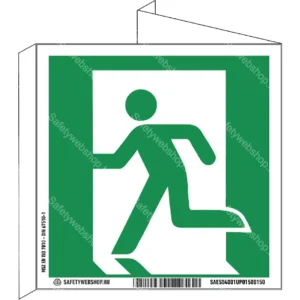 Vészkijárat (bal), faltól elálló, sátor alakú, kétoldalas matrica / tábla (ISO 7010-E001 piktogram)