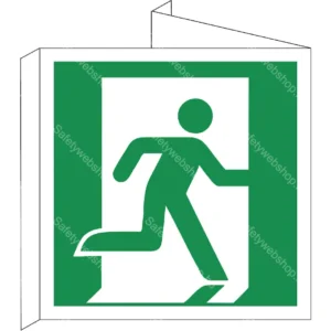 Vészkijárat (jobb), faltól elálló, sátor alakú, kétoldalas matrica / tábla (ISO 7010-E002 piktogram)