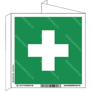 Elsősegélyhely, faltól elálló, sátor alakú, kétoldalas matrica / tábla (ISO 7010-E003 piktogram)