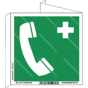 Vésztelefon utánvilágító tábla, faltól elálló, sátor alakú, kétoldalas (ISO 7010-E004 piktogram + felirat)