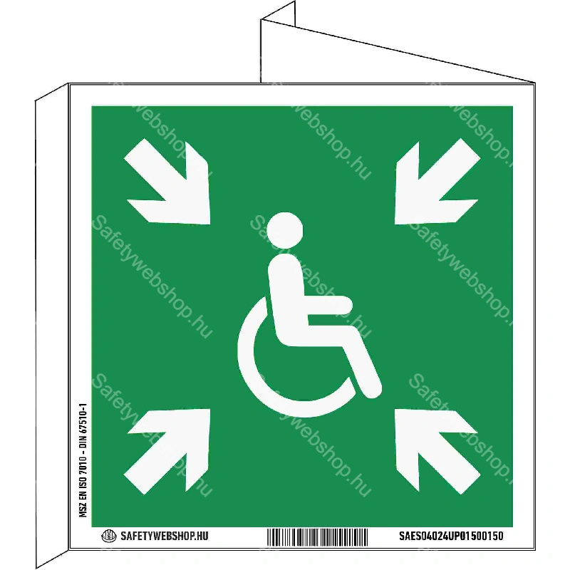 Átmeneti védett tér utánvilágító tábla, faltól elálló, sátor alakú, kétoldalas (ISO 7010-E024 piktogram)