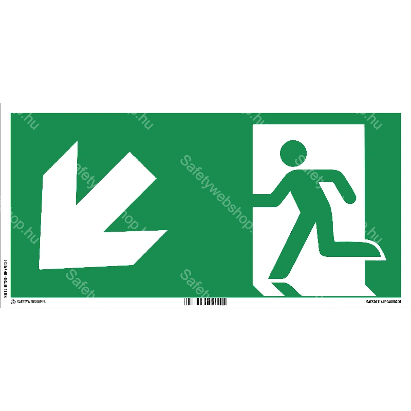 Menekülési út balra, lépcsőn le matrica / tábla (ISO 7010-E001 piktogram)