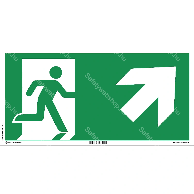 Menekülési út jobbra, lépcsőn fel matrica / tábla (ISO 7010-E002 piktogram)