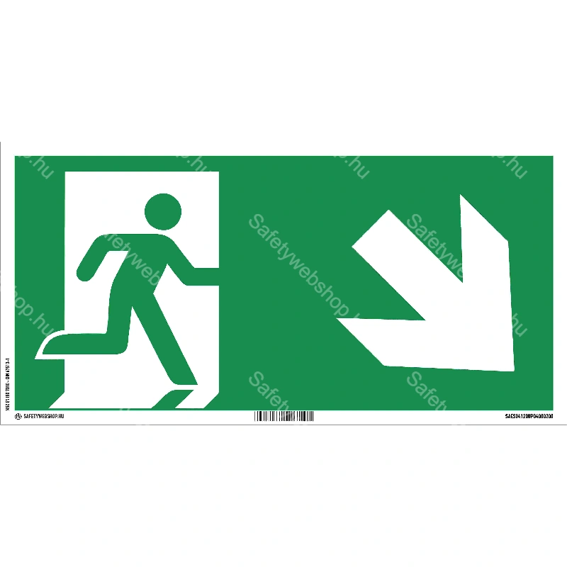 Menekülési út jobbra, lépcsőn le matrica / tábla (ISO 7010-E002 piktogram)