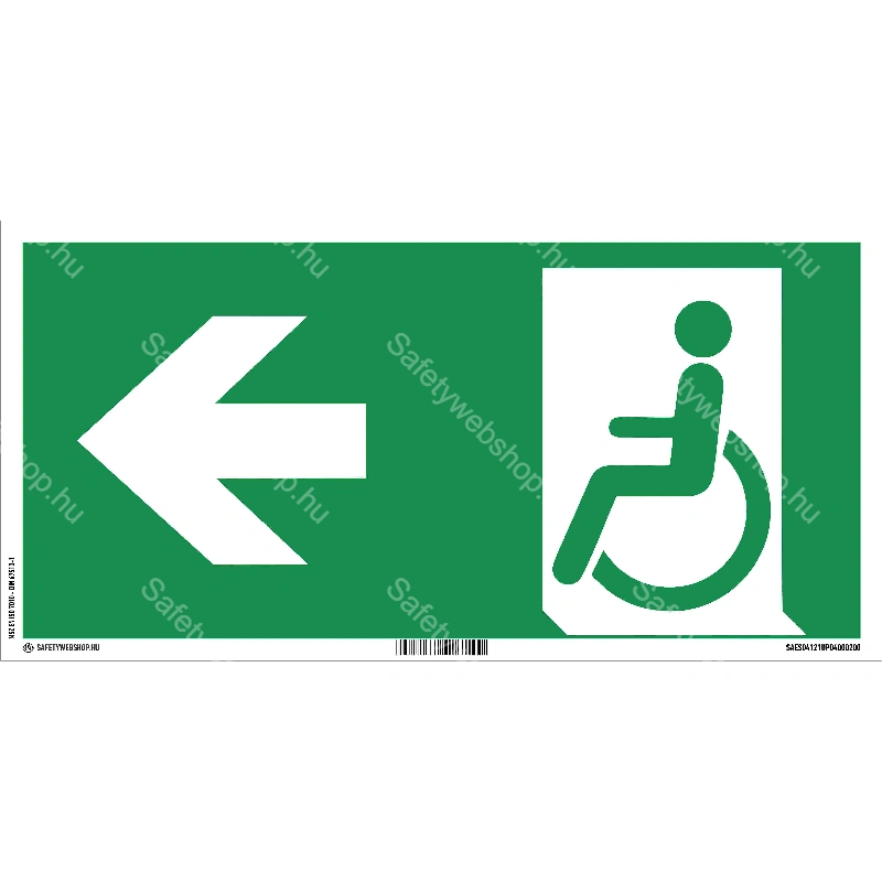 Mozgásukban korlátozott személyek számára mentési/menekülési út balra matrica / tábla (ISO 7010-E026 piktogram)
