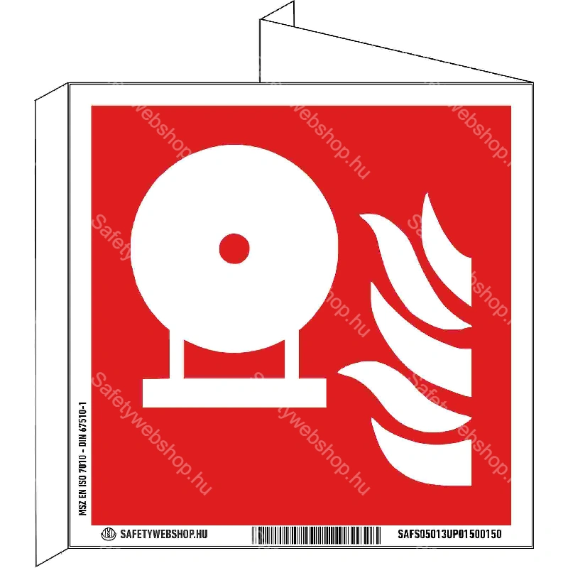 Rögzített tűzoltókészülék palack utánvilágító tábla, faltól elálló, sátor alakú, kétoldalas (ISO 7010-F013 piktogram)