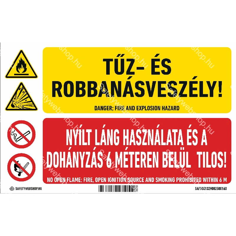 Tűz- és robbanásveszély! Nyílt láng használata és a dohányzás 6 méteren belül tilos! matrica / tábla (piktogram + felirat)
