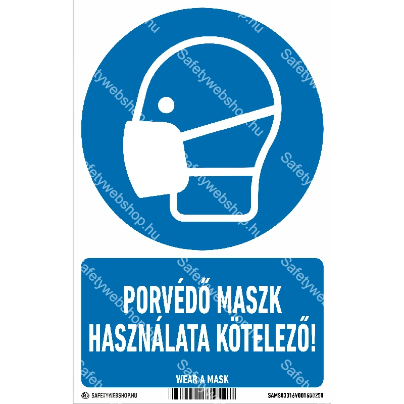 Porvédő maszk használata kötelező! matrica / tábla (ISO 7010-M016 piktogram + felirat)