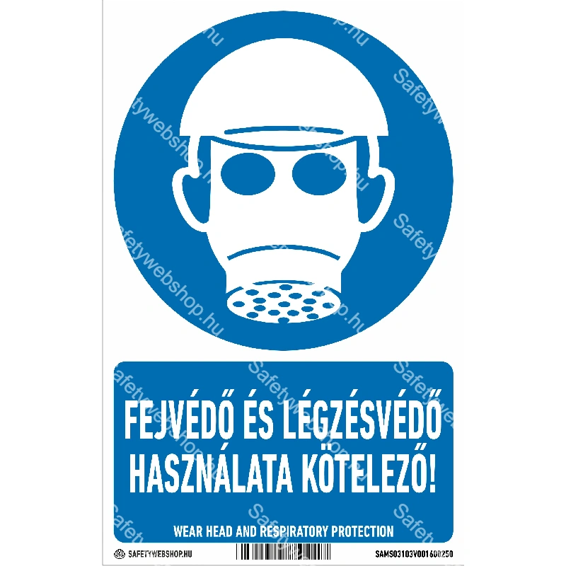 Fejvédő és légzésvédő használata kötelező! matrica / tábla (piktogram + felirat)