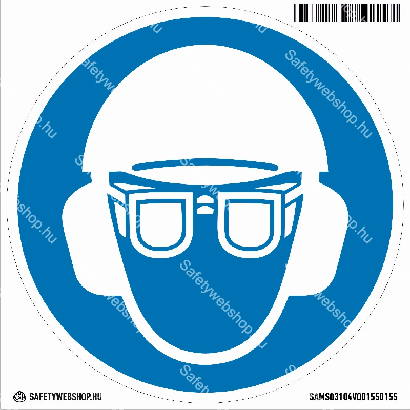 Fejvédő, hallásvédő és védőszemüveg használata kötelező! matrica (piktogram)