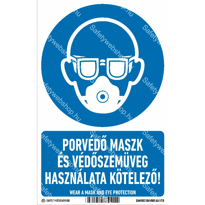 Porvédő maszk és védőszemüveg használata kötelező! matrica / tábla (piktogram + felirat)