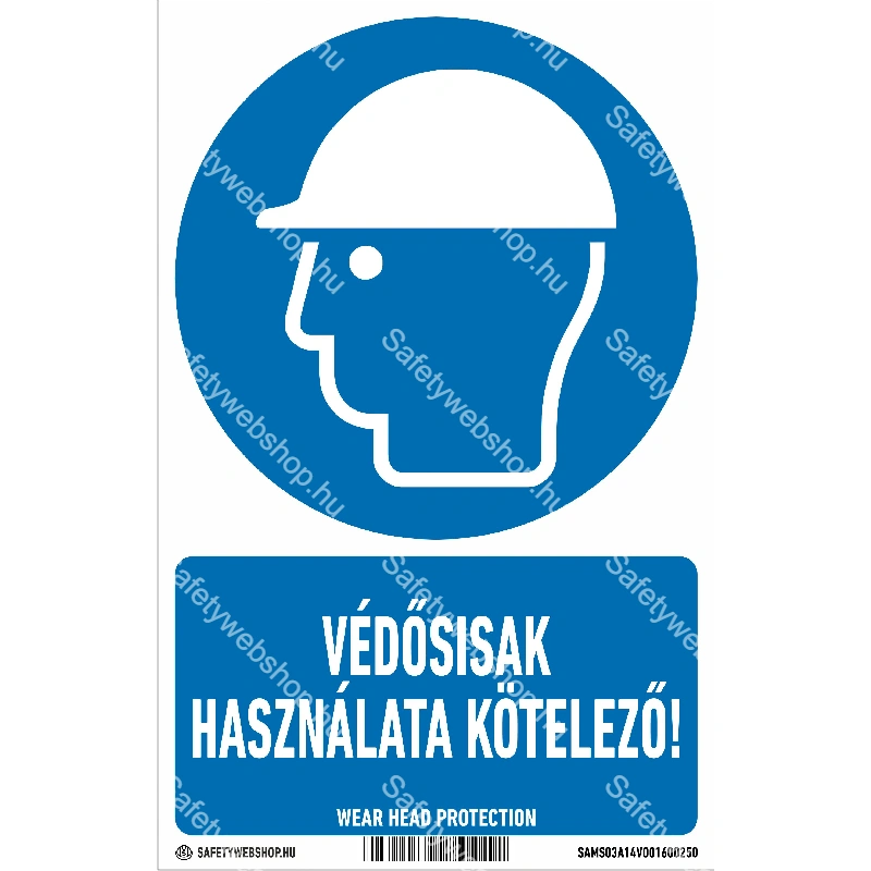 Védősisak használata kötelező! matrica / tábla (ISO 7010-M014 piktogram + felirat)