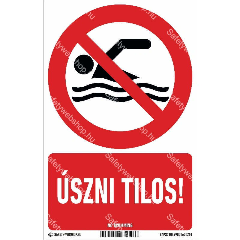 Úszni tilos! matrica / tábla (ISO 7010-P049 piktogram + felirat)