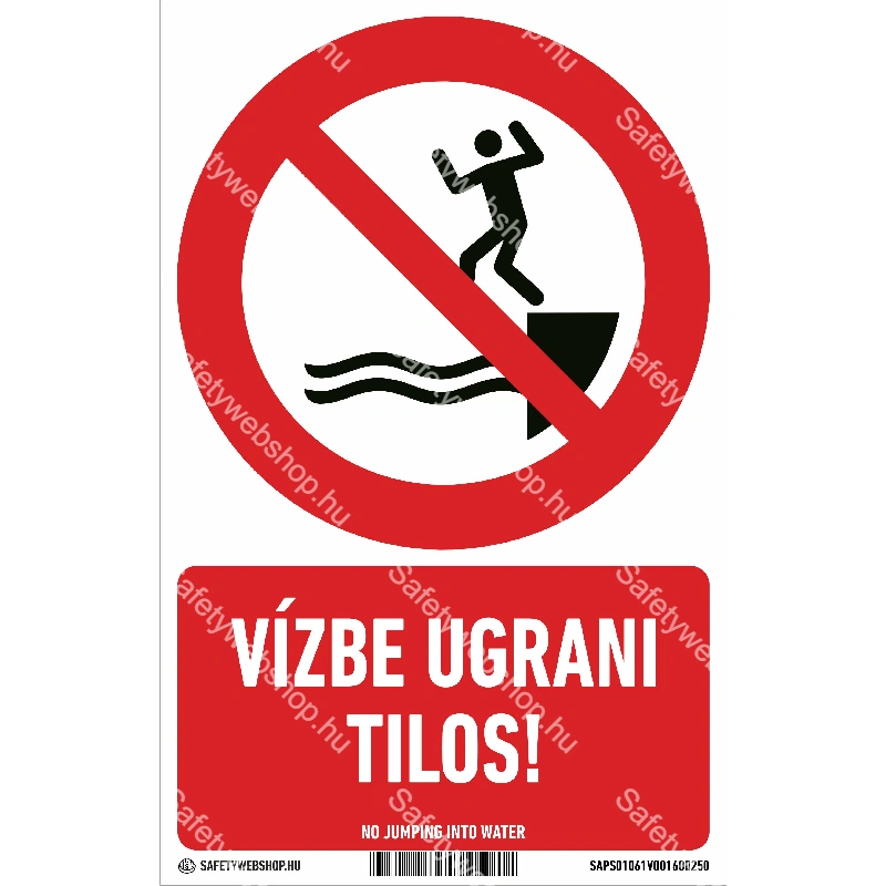Vízbe ugrani tilos! matrica / tábla (ISO 7010-P061 piktogram + felirat)