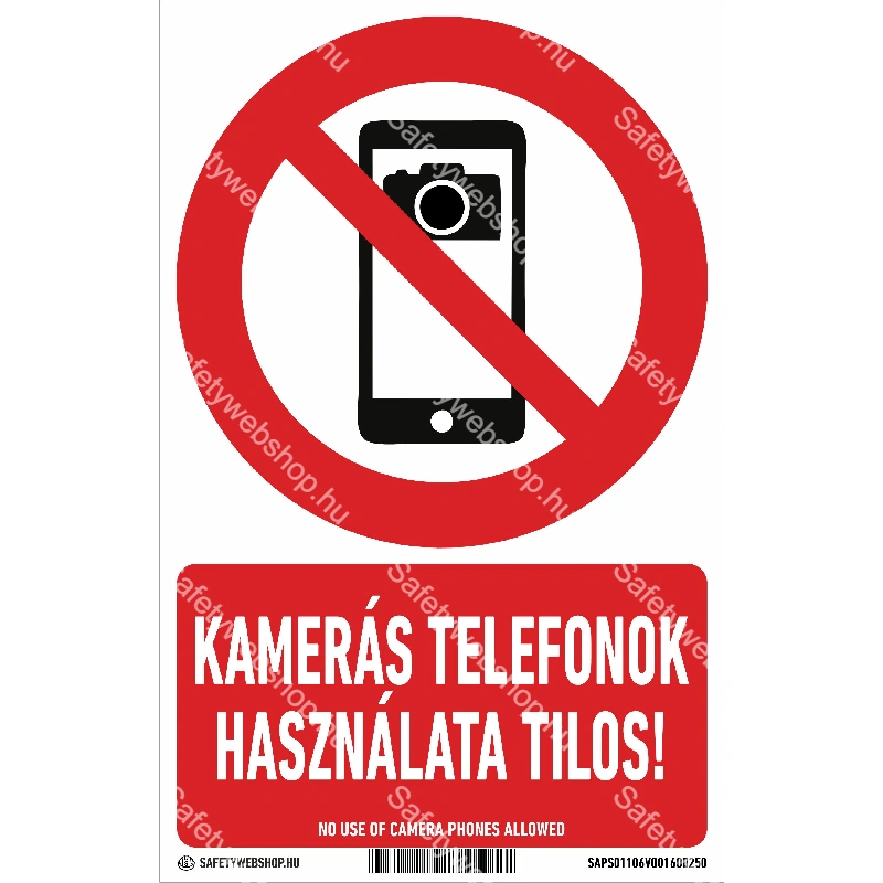 Kamerás telefonok használata tilos! matrica / tábla (piktogram + felirat)