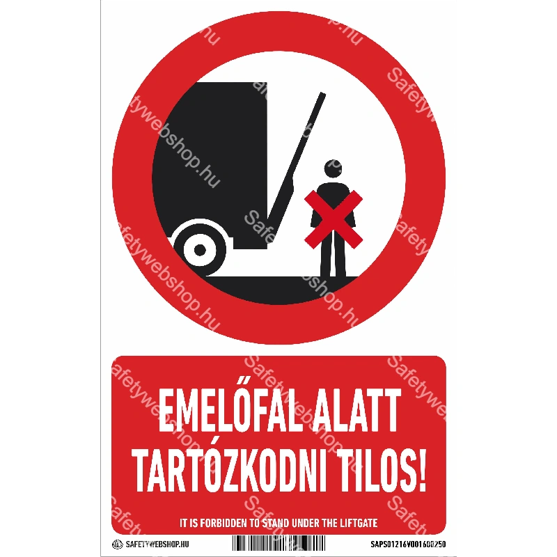 Emelőfal alatt tartózkodni tilos! álló matrica / tábla (piktogram + felirat)