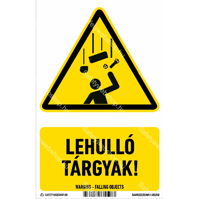 Lehulló tárgyak! matrica / tábla (ISO 7010-W035 piktogram + felirat)