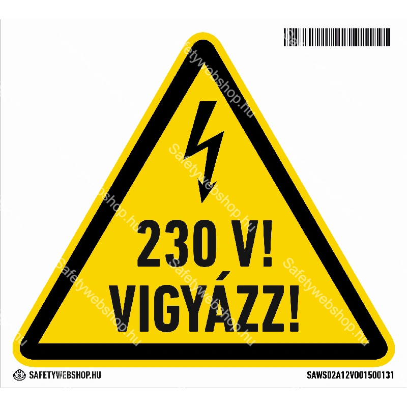 230 V! Vigyázz! matrica (ISO 7010-W012 piktogram + felirat)